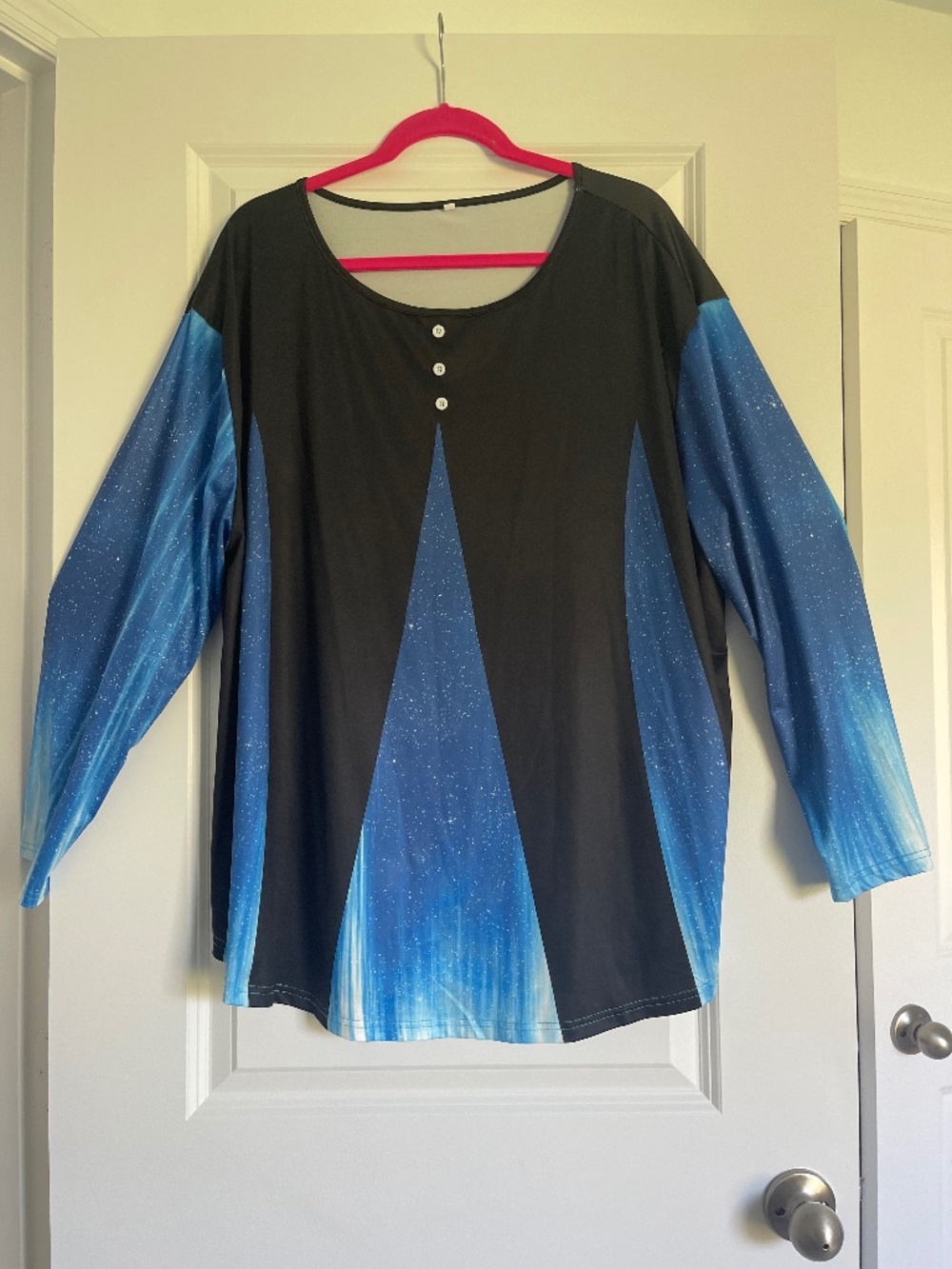 Galaxy themed Women’s Plus Size long Sleeved Shirt with White Button Accent